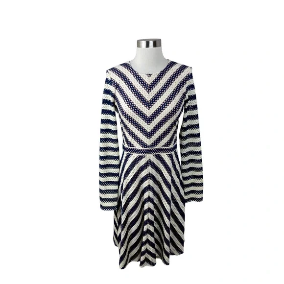 Bcbgmaxazria Dresses | Bcbg Max Azria M New Kristina Dress Long Sleeve Fit & Flare Navy White Zip Back | Color: White | Size: M | Lculotta's Closet